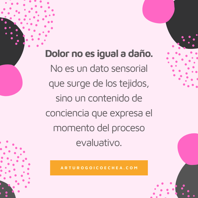 Dolor no es igual a daño. No es un dato sensorial que surge de los tejidos, sino un contenido de conciencia que expresa el momento del proceso evaluativo. 